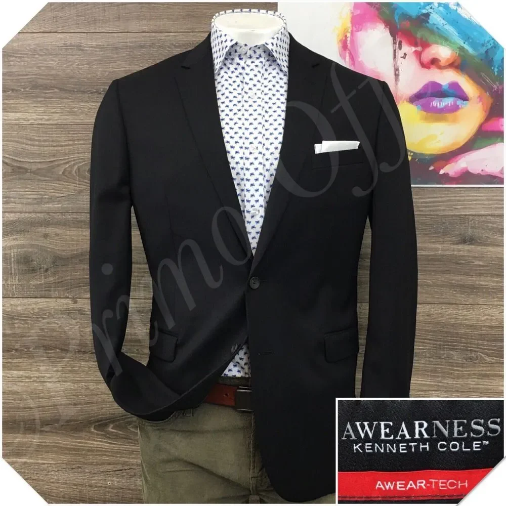 KENNETH COLE Mens Blazer Sport Coat Casual Jacket Size‎ 44L Slim Wool Suit Black